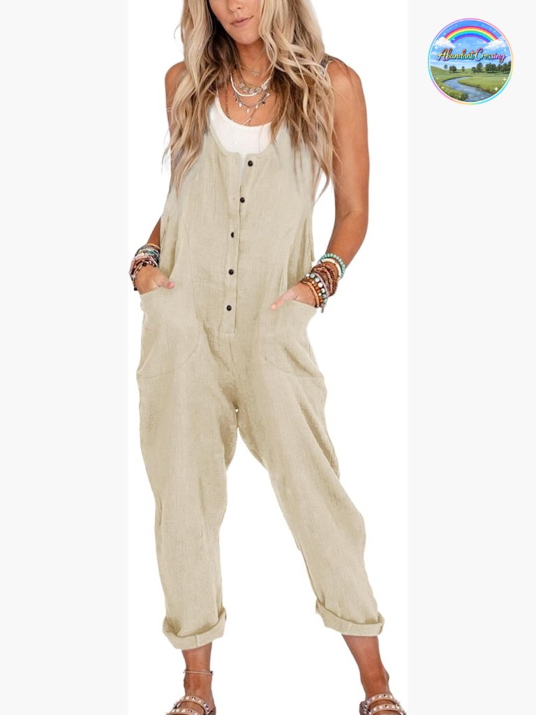 Linen Cotton Blend Overalls Jumpsuit Loose Fit Adjustable Straps Pockets